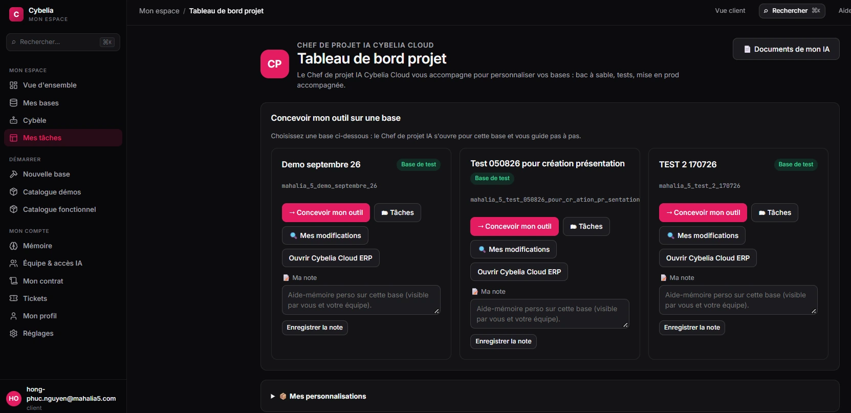 Cybelia Forge — tableau de bord projet pour concevoir, tester et faire évoluer une capacité métier