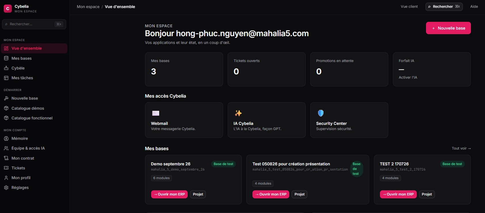 Interface Cybelia Cloud donnant accès aux applications métier, à l'IA et aux services de sécurité